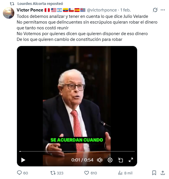 Captura de pantalla de una publicación compartida en X por Lourdes Alcorta